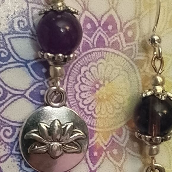 AMETHYST STONE EARRINGS, SILVERY LOTUS DANGLE - Picture 4 of 7